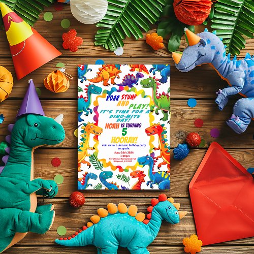 Colorful Playful Dinosaur Themed Birthday Party Invitation