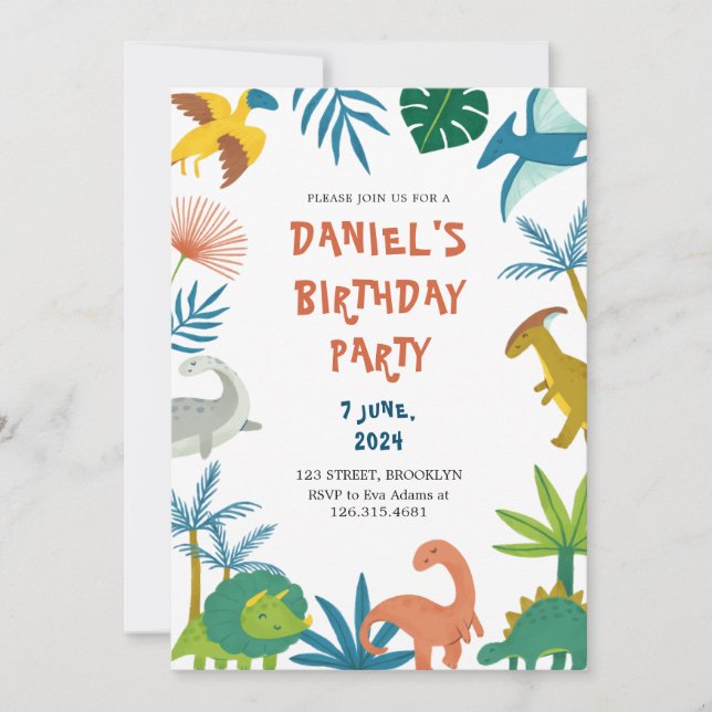 Colorful Playful Illustrative Dinosaur Birthday  Invitation (Front)