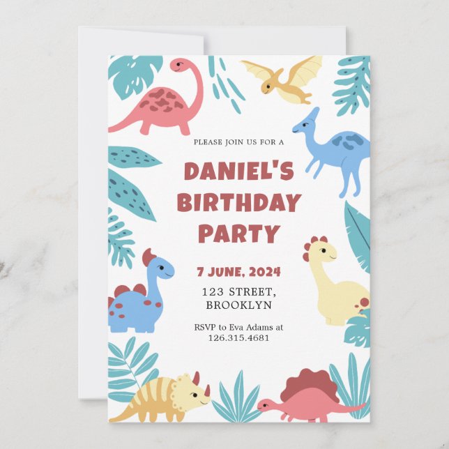Colorful Playful Illustrative Dinosaur Birthday Invitation (Front)