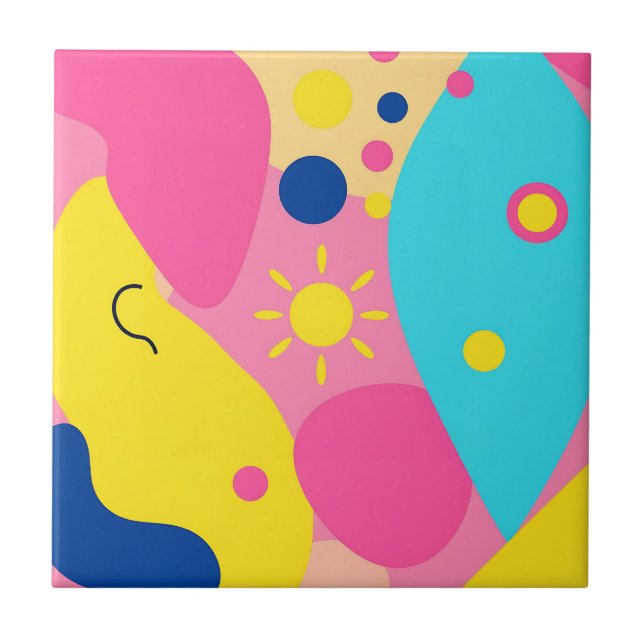 Colorful Playful Organic Shapes Pattern Ceramic Tile (Front)