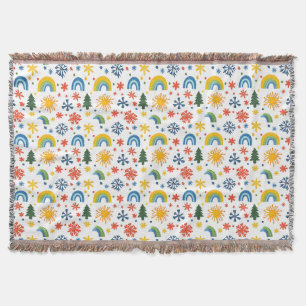 Colorful Playful Pattern with Rainbows and Flowers Throw Blanket