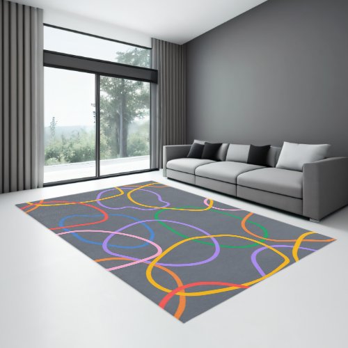 Colorful Playful Wavy Lines Pattern On Blue_Gray Rug