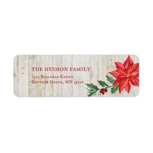 Colorful Poinsettia  Holly on Rustic Barn Wood Label