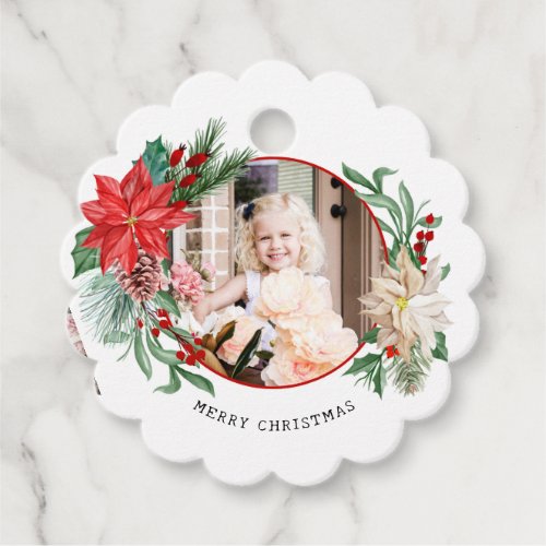 Colorful Poinsettia Pine  Berries Photo Favor Tags