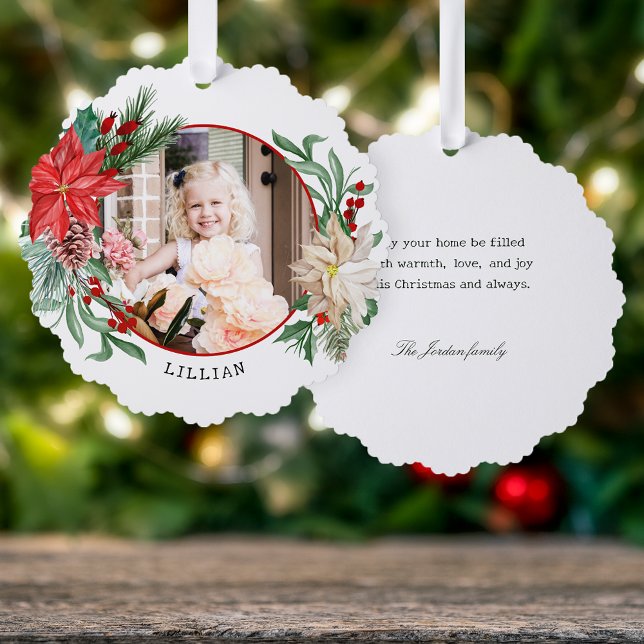 Colorful Poinsettia, Pine & Berries Photo Ornament Card (Creator Uploaded)