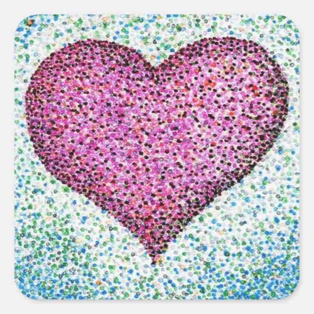 Colorful Pointillism Heart Pink Square Sticker (Front)