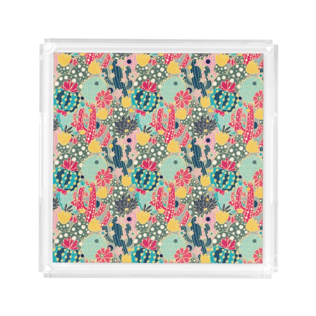 Colorful Polka Dot Cactus Pattern Acrylic Tray (Front)