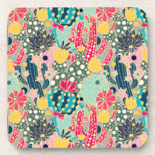 Colorful Polka Dot Cactus Pattern Beverage Coaster