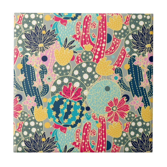Colorful Polka Dot Cactus Pattern Ceramic Tile (Front)