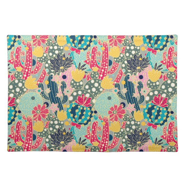Colorful Polka Dot Cactus Pattern Cloth Placemat (Front)