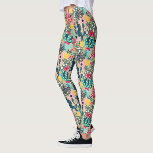 Colorful Polka Dot Cactus Pattern Leggings