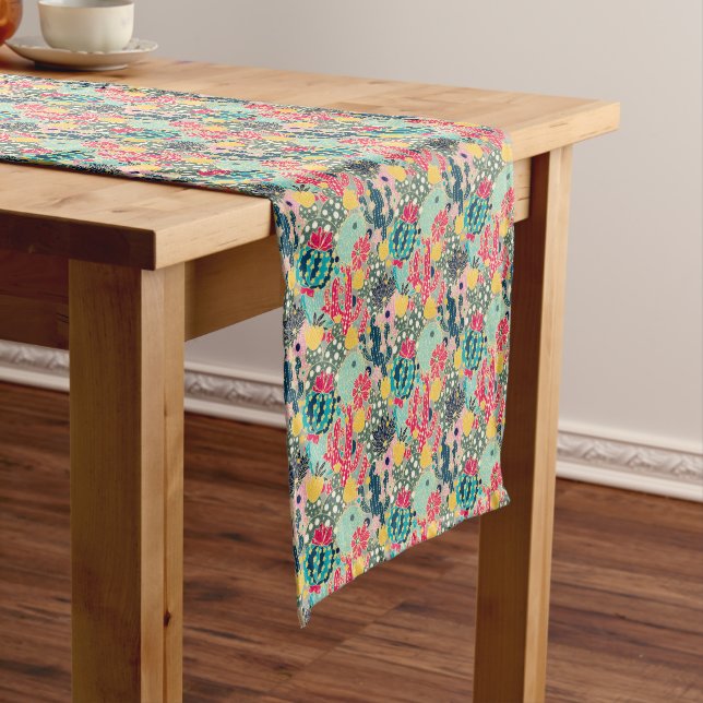 Colorful Polka Dot Cactus Pattern Short Table Runner (In Situ)