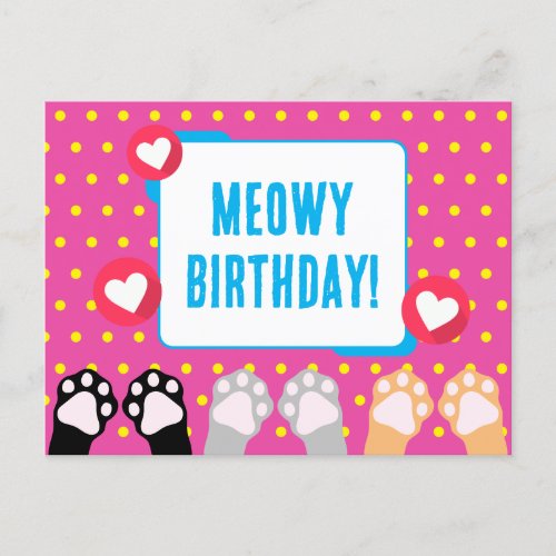 Colorful Polka Dot Cat Paws Up Happy Birthday Postcard
