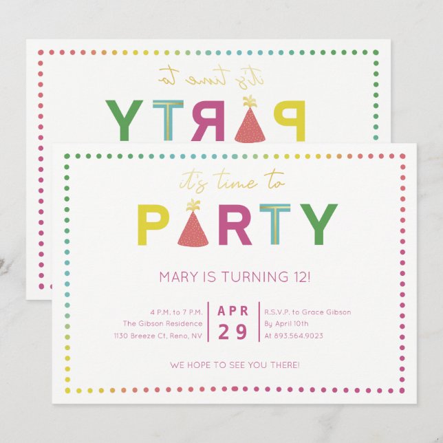 Colorful Polka Dot Party Hat Party Invitation (Front/Back)