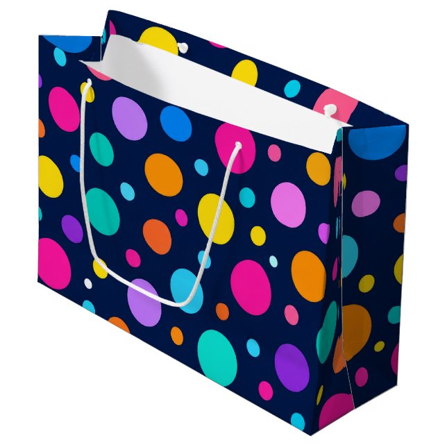 Colorful Polka Dot Pattern on Midnight Navy Blue Large Gift Bag