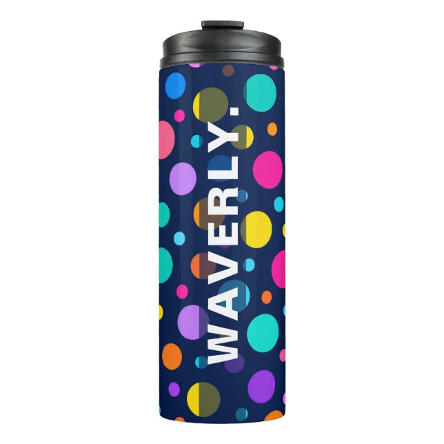 Colorful Polka Dot Pattern on Navy Custom Name Thermal Tumbler