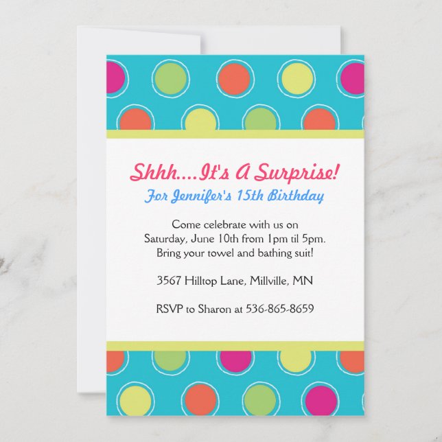 Colorful Polka Dot Themed Birthday Party Invites (Front)