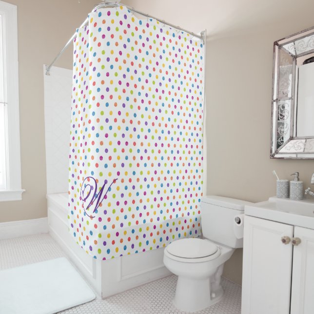 Colorful Polka-dot with Monogram Shower Curtain (In Situ)