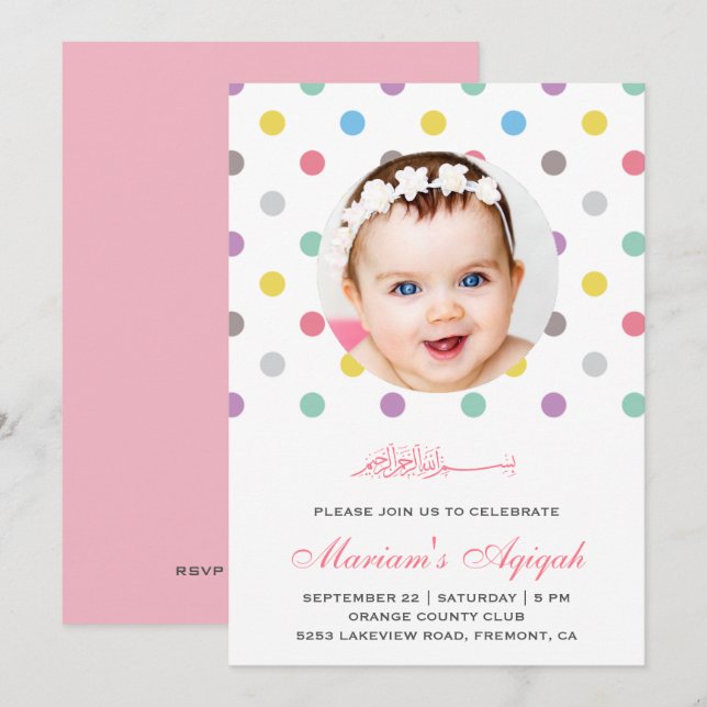 Colorful Polka Dots Baby Girl Photo Aqiqah Invitation (Front/Back)
