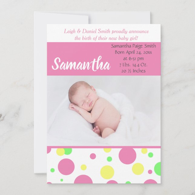 Colorful Polka Dots | Baby Girl Photo Birth Announcement (Front)