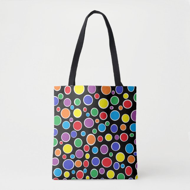 Colorful Polka Dots Black Tote Bag (Front)