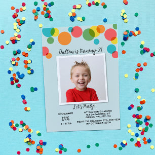 Colorful Polka Dots Boys Photo Birthday Invitation
