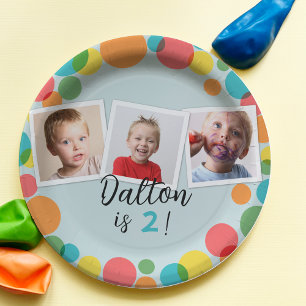 Colorful Polka Dots Boys Photos Birthday Paper Plates