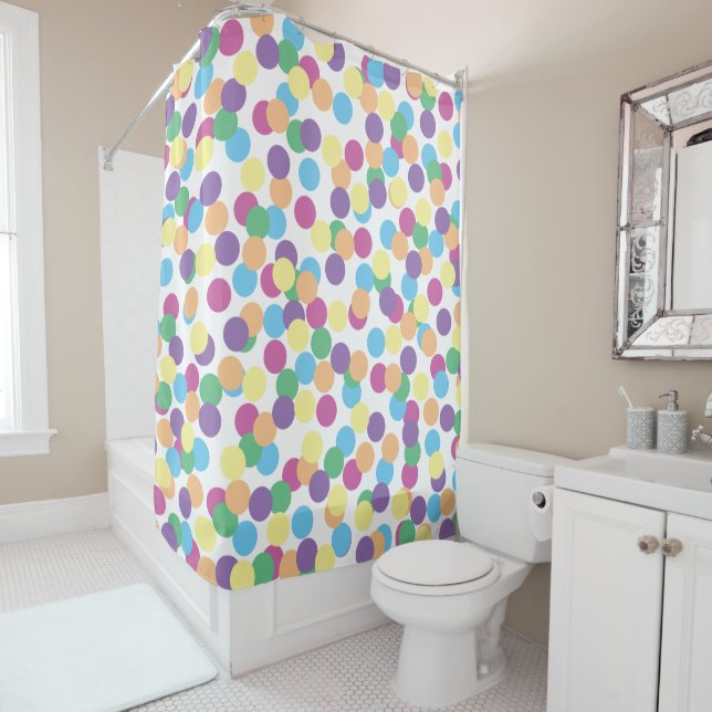 Colorful Polka-Dots Confetti Pattern on White Shower Curtain (In Situ)
