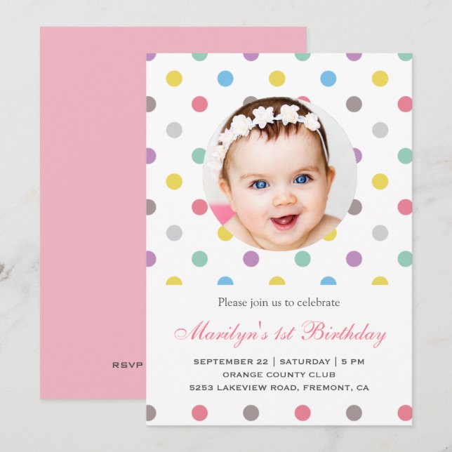 Colorful Polka Dots First Birthday Invitation (Front/Back)