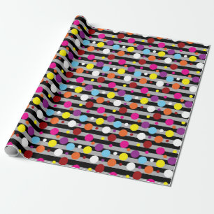 Colorful Polka-dots Grey Black Stripes Pattern Wrapping Paper