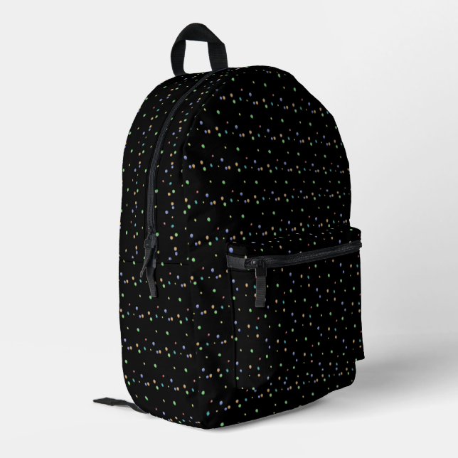 colorful polka dots in black printed backpack (Back Corner Left)