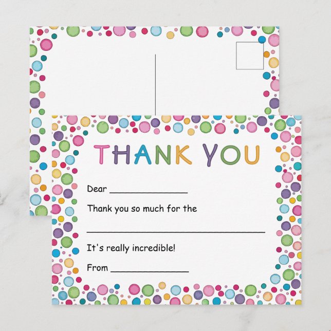Colorful Polka Dots Kids Thank You Postcard (Front/Back)
