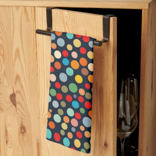 Colorful Polka Dots on Dark Background Kitchen Towel