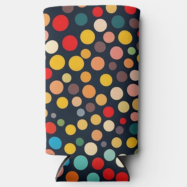 Colorful Polka Dots on Dark Background Seltzer Can Cooler (Front)