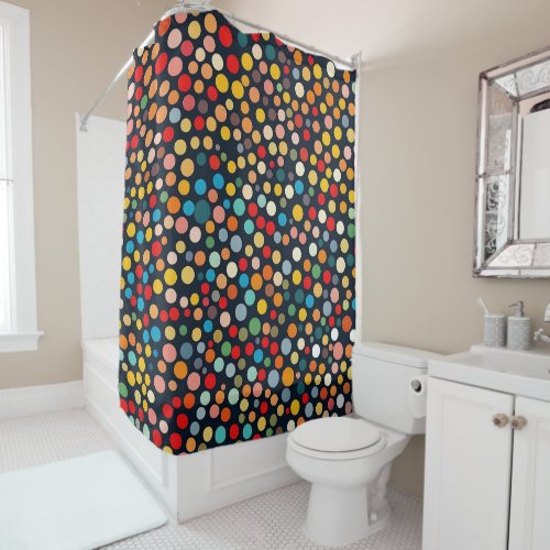 Colorful Polka Dots on Dark Background Shower Curtain
