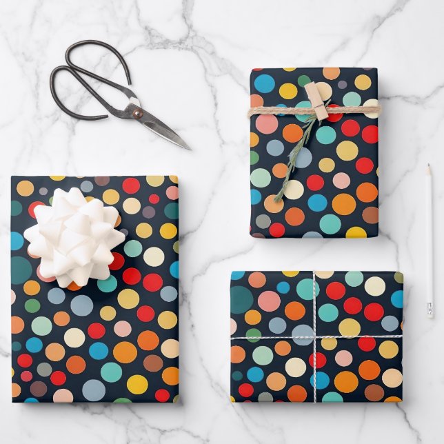 Colorful Polka Dots on Dark Background Wrapping Paper Sheets (Front)
