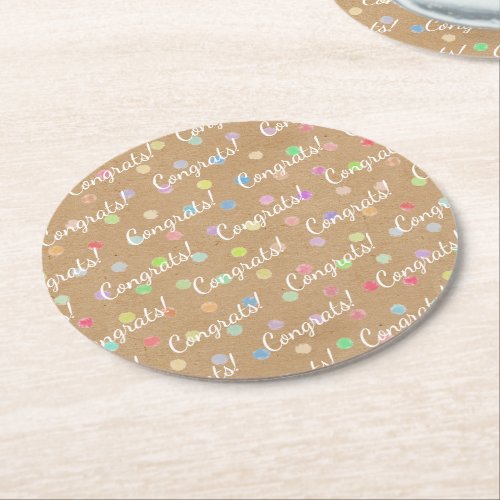 Colorful Polka Dots On Faux Kraft Paper Background Round Paper Coaster