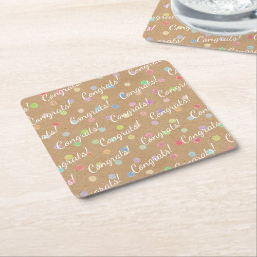 Colorful Polka Dots On Faux Kraft Paper Background Square Paper Coaster