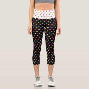 Colorful Polka Dots on White & Black Capri Leggings