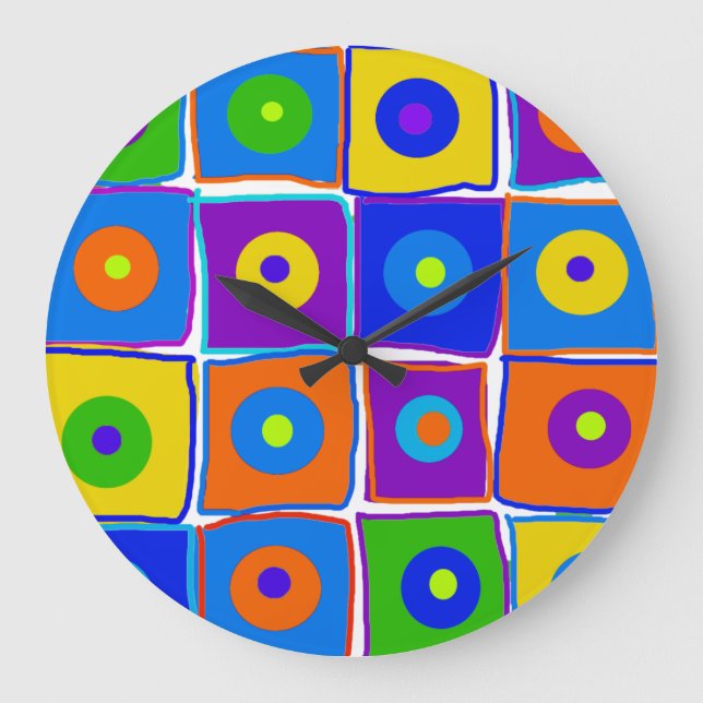Colorful Polka Dots & Squares Large Art Clock (Front)