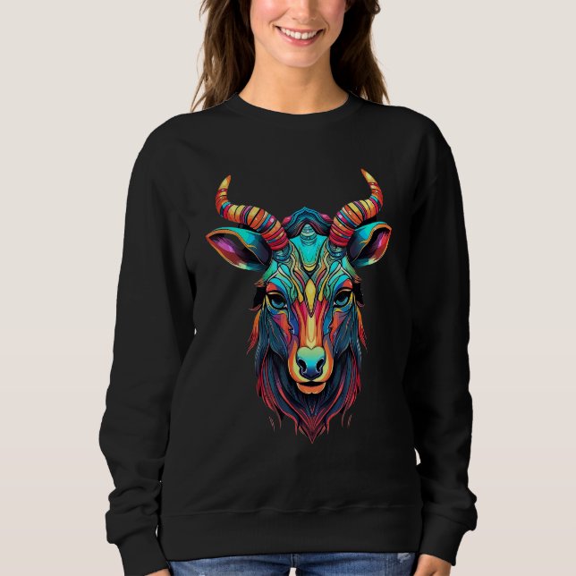 Colorful Polygon Geometric Kudu Antelope Pop Anima Sweatshirt (Front)