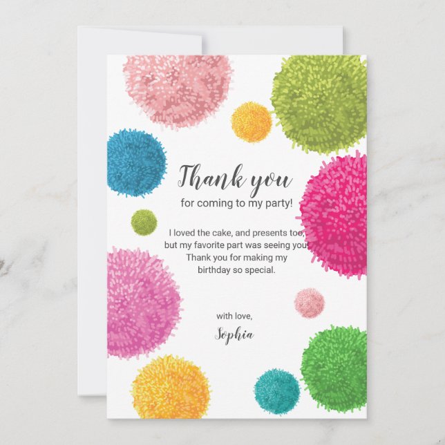 Colorful Pom Pom Birthday Thank You Card (Front)