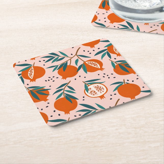 Colorful Pomegranate Pattern Square Paper Coaster (Angled)