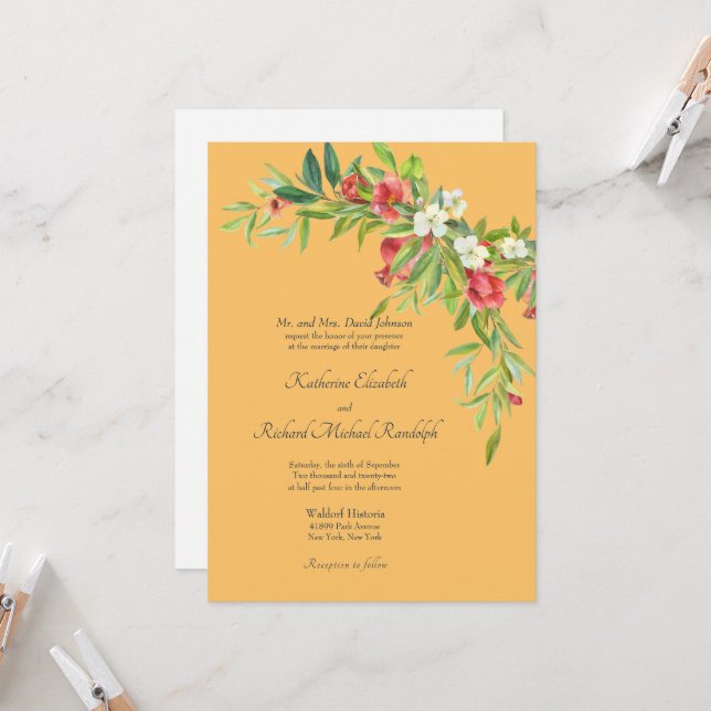 Colorful Pomegranate Tuscan Wedding Invitation (Front/Back In Situ)