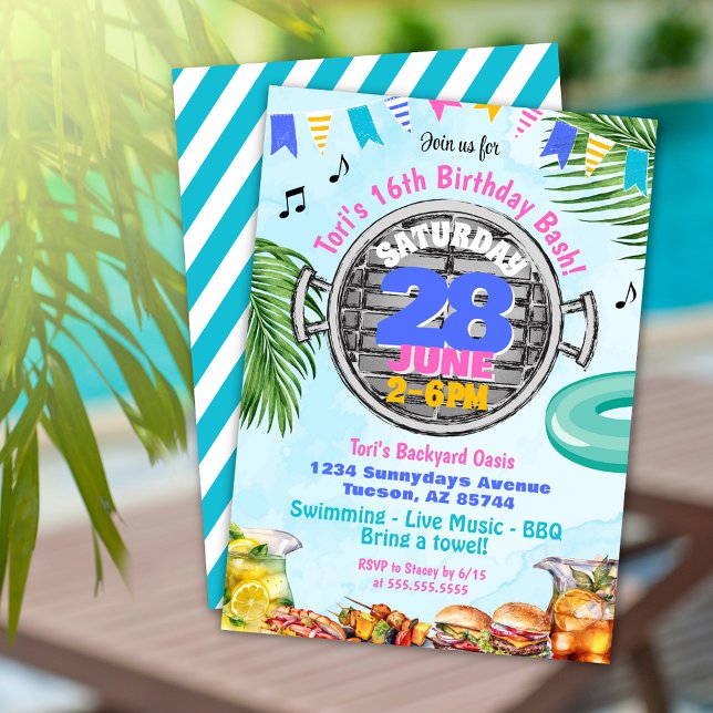 Colorful Pool BBQ Birthday Party Invitation (Tropical beach theme pool party birthday barbeque invitation with pink purple and palm leaves)