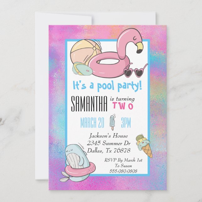 Colorful Pool Birthday Party Flamingo Ice Cream Invitation (Front)