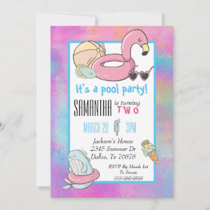 Colorful Pool Birthday Party Flamingo Ice Cream Invitation