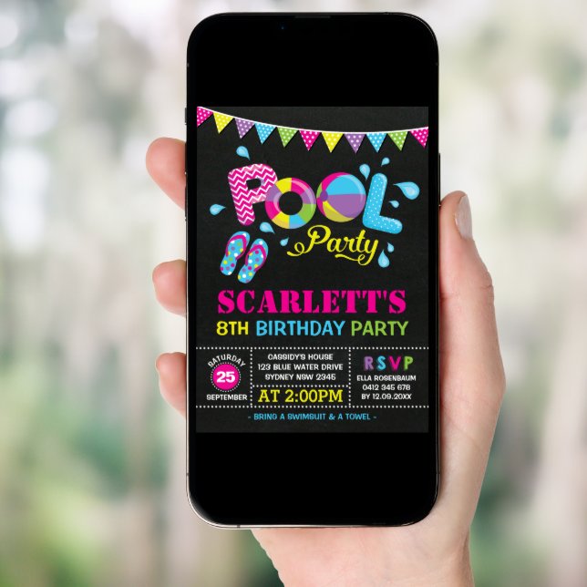 Colorful Pool Party Girls Birthday Swimming Invitation (Front Digital)