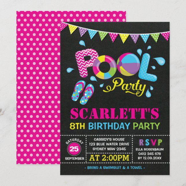 Colorful Pool Party Girls Birthday Swimming Invitation (Front/Back)