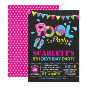 Colorful Pool Party Girls Birthday Swimming Invitation